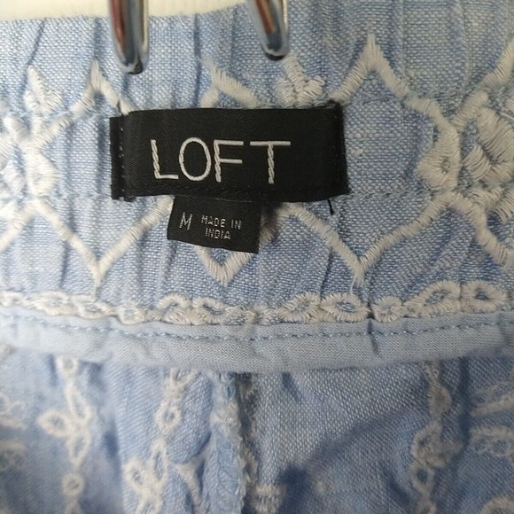 Loft 100 Linen Blue White Embroidery Elastic Waist Pants. Size M - Picture 8 of 12